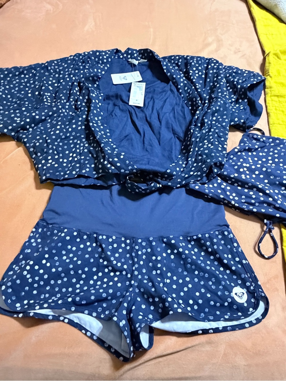 Roxy Navy Polka Dot Crop Top & Swim Shorts Set with matching tie shirt - Picture 3 of 8